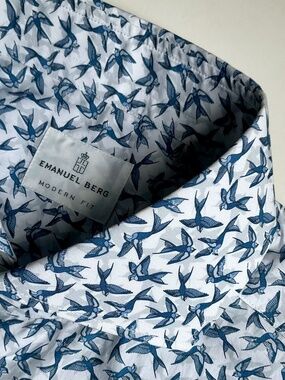 Emanuel Berg blue bird motifs on white cotton shirt Sz 16~40 made in Poland 🇵🇱